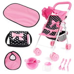 Bayer Design 21560AB Doll Stroller Set, Pushchair, Double Wheels, Security Belt, Integrated Basket, Bag, Changing mat, Accessories, Black, Pink
