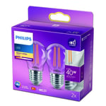 Philips LED 4.3w (40w) E27 Clear Golf Ball 2700K Bulbs (2 Pack)