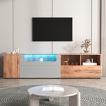 Meuble tv 190cm, avec éclairage led, façade en verre, 3 portes, compartiments multiples, coloris bois naturel - gris clair