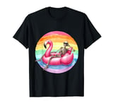 Chill Skeleton Relaxing in Flamingo Floatie Under Rainbow T-Shirt