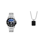 Fossil Men's Watch Blue Dive and Necklace Jewelry, Silver Stainless Steel, Set