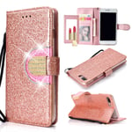 UEEBAI Wallet Flip Case for iPhone 7 Plus, Glitter PU Leather Cover with Mirror [Diamond Buckle] [Card Slots] [Magnetic Clasp] Stand Function Gems Soft TPU Case for iPhone 7 Plus/8 Plus - Rose Gold