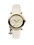 Vivienne Westwood Orb Ii White And Gold Logo Dial Gold Plated Case And Charm White Leather Strap Ladies Watch