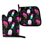 MYGED Oven Mitts and Pot Holders Sets, Ice Cream Pink Non-Slip Kitchen Mitten, Advanced Heat Resistance Cooking Gloves for BBQ Baking Grilling