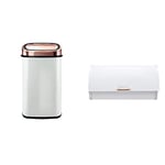 Tower Square Sensor Bin with Infrared Technology, Stainless Steel White and Rose Gold, 58 Litre & Linear Roll Top Bread Bin, Stainless Steel, White and Rose Gold