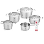 Fissler Pure Collection 6-Piece Stainless Steel Saucepan Set with Metal Lids (3 Saucepans, 1 Stewing Pan 1 Saucepan 1 Stainless Steel Care) Induction