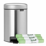 Brabantia NewIcon 3L Pedal Bin–3 Litre-Matt Steel & 3 Rollsx3L Compostable Bags