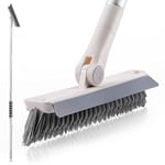 Brosse à joints avec long manche, brosse à récurer 2 en 1 avec raclette, nettoyeur de douche, brosse pivotante à poils rigides pour nettoyer les plinthes, le carrelage, le sol, la salle de bain et les