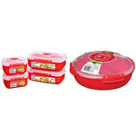 Sistema Heat and Eat Microwave Set | 4 Rectangular Food Containers with Lids (2x 1.25L + 2x 525ml) & Microwave Round Food Container/Cookware Bowl | 1.3 L Food Steamer | Red/Clear