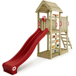 Aire de jeux Portique bois JoyFlyer avec toboggan Maison enfant exterieur avec bac à sable, échelle d'escalade & accessoires de jeux - rouge - rouge