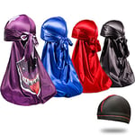 4PCS Silky Durags for Men 360 Waves, Designer Do Rag, Award 1 Wave Cap, Shark Blue Black Red, M