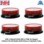 100 x Maxell DVD-RW 4.7GB 2x Speed 120min Re-Writable DVD Discs in Spindle Packs