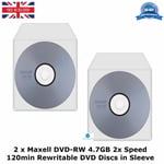 2 x Maxell DVD-RW Storage 4.7GB 2x Speed 120min Re-Writable DVD Discs in Sleeve