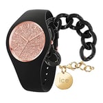 ICE-WATCH - Ice Glitter Black Rose-Gold - Montre Noire pour Femme avec Bracelet en Silicone - 001353 (Medium)+ Chain Bracelet - Black - Bracelet Mailles XL de Couleur Noire (020354)