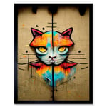 Vibrant Symmetrical Street Art Mural Graffiti Cat Art Print Framed Poster Wall Decor 12x16 inch