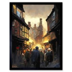 The Shambles York Medieval City Street Oil Painting Art Print Framed Poster Wall Decor 12x16 inch