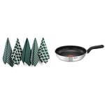 Penguin Home Tefal 30 cm Comfort Max, Induction Frying Pan, Stainless Steel, Non Stick 100% Cotton Tea Towel Set of 5 - Stylish Hunter Green Design - 65 x 45cm