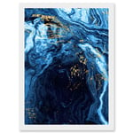 Abstract Dark Blue Gold Flow Watercolour Modern Artwork Framed Wall Art Print A4