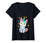Womens Cute Cat Caticorn Unicorn Kawaii Stars Girls Women Cute Goth V-Neck T-Shirt
