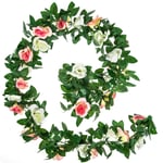 Whaline 2 Pack Artificial Rose Flower Garlands, 15ft White and Champagne Fake Rose Vine Hanging Plants, for Home Hotel Office Wedding Party Garden Craft Art Decor, Arch Arrangement Decoration