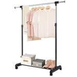 Multigot Garment Rack, Single Adjustable Rod Freestanding Clothing Metal Rack, Telescopic Mobile Double Rails Clothes Hanging Stand with Lower Storage Shelf for Bedroom and Living Room (Single Rail)