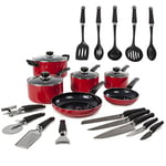 Morphy Richards Equip 20 Piece Cookware Set (4 Pots + 2 Saucepans + 14 Utensils), Red, Aluminium