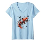 Womens lucky koi fish black flower Japanese carp goldfish Asian art V-Neck T-Shirt