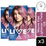 3x LIVE Mauve Kiss Purple Permanent Hair Dye, Lightener + Twist 105