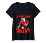 Womens Welder Melted My Heart Romantic Funny Welding Valentines day V-Neck T-Shirt