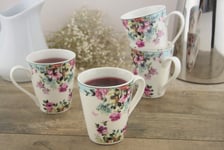 EHC Set Of 4 Vintage Floral New Bone China Coffee Mugs, Gift Boxed - Dishwasher and Microwave Safe