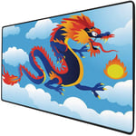 Mouse Pad Gaming Functional Dragon Thick Waterproof Desktop Mouse Mat Surreal Folk Tale Creature Spitting Fire on Clouds Chinese Cartoon Art Decorative,Indigo Sky Blue Orange Non-slip Rubber Base
