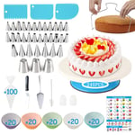 Cake Decorating Supplies Kit, 245 PCS Baking Supplies Set with 33 Icing Piping Tips Russian Nozzles,  Rotating Turntable Stand, 100Piping Bags, 100Muffin Cup Molds，Great for Valentine's Day