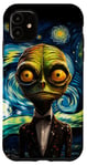 Coque pour iPhone 11 Peinture portrait Alien Van Gogh vert nuit étoilée cool
