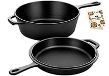 Overmont Pre-Seasoned 3L/3.2 quart Cast Iron Combo Cooker with Lid,2 in 1 with Cookbook Recipe,3L Dutch Oven, 1.4L Skillet, Grill Griddle Works on Baking,Camping,Stovetop & in Oven
