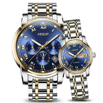 Aesop Women Men Couple Calendar Analogue Automatic Self Winding Mechanical Wrist Watch with Steel Band Luminous (Gold Blue)
