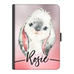 Personalised Initial Case For Apple iPad Pro 11 (2020) (2nd Gen) 11 inch, Grey Bunny Rabbit with Name/Text, 360 Swivel Leather Side Flip Folio Cover, Rabbit Ipad Case with Initials