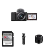 Sony Alpha ZV-E10L | APS-C Mirrorless interchangable-lens vlog camera with 16-50mm lens + Content Creator kit "Lens Edition" including: Bluetooth Shooting Grip, E 11mm F1.8 Lens, Memory Card and Flash