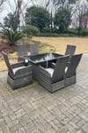 Outdoor PE Wicker Rattan Adjustable Chair Black Tempered Oblong Dining Table And Chair Sets 6 Seater
