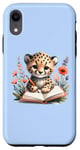 Coque pour iPhone XR Adorable guépard écrit dans un carnet sur fond bleu