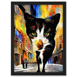 Black Street Cat Walking Bright Neighbourhood Night Artwork Framed Wall Art Print A4