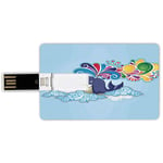 4G USB Flash Drives Credit Card Shape Whale Decor Memory Stick Bank Card Style Cartoon Style Flying Happy Whale on Clouds with Rainbow Clods on its head,Multi Colored Waterproof Pen Thumb Lovely Jump