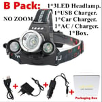 HSZH 50000lm Xm-t6x3 Led Headlight Zoom Flashlight Torch Headlamp Use 2 * 18650 Battery/ac/car/usb/charging No Battery B Packing