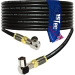 1STec 10m Right Angled Male to Female TV Extension Cable Lead with Gold Plated F-connectors for Wall Plate to BT Youview Freeview Digital TV Set Top Box or VU Solo Enigma Aerial Lead (10 Metre Black)