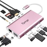 Tymyp USB C Hub, 11 en 1 USB Verteiler with 4k Hdmi, VGA, Ethernet, 3.5mm Audio, 4 USB A, USB C Adapter for MacBook Pro/Air, Surface Pro and More Type C Devices
