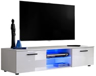 150cm Modern TV Unit - Glass Shelf with Blue LED - High Gloss Doors - Storage Space - Up To 60' Screen - Cable Managment Holes - 2 Spaces For Your TV Equipment - T33-150cm / WW + LED