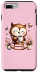 Coque pour iPhone 7 Plus/8 Plus Adorable chouette avec café et fleurs sur fond rose