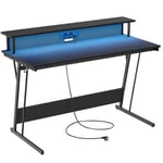 VASAGLE Bureau Gaming avec LED et Multiprise, Table Gamer, Bureau Informatique avec Rehausseur d’Écran, pour 2 Ordinateurs, pour Chambre, 55 x 135 x 76 cm, Noir Carbone LWD117B02