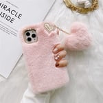 Sött flickfodral i konstgjord päls med glitter och diamanter till iPhone 11pro, fluffigt handskfodral i silikon, rosa