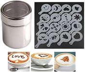 Stainless Steel Shaker Duster Chocolate Mesh Powder Shaker + 16 Pcs Cappuccino Coffee Barista Stencils for Latte, Frappe, Matcha, Hot Chocolate Home Restaurant