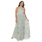 Maya Deluxe Women's Maxi Dress Ladies Halterneck Sleeveless Sage Sequin Embellished Ruffles Split Slit A-line Evening Ball Gown Green Lily 14